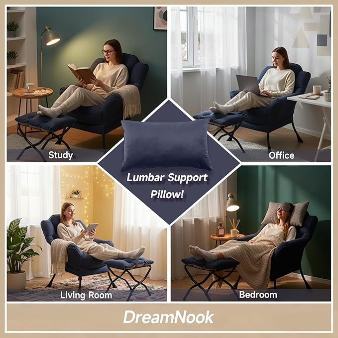 Lazy Chair with Ottoman Modern Accent Chair with Lumbar Pillow Navy Blue Sofa Armchairs with Folding Footrest Oversized Supportive Chairs for Bedroom Reading