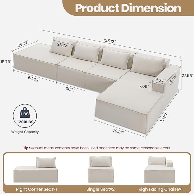 155 Modular Sectional Sofa L-Shaped Cloud Couch with Extra Long Chaise Lounge Oversized Chenille Boneless Sofa Set for Living Room Comfy Floor Seating No Assembly Required