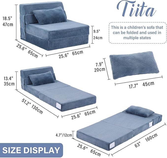 Tiita Convertible Folding Kids Sofa Bed with Pillow &amp Storage Bag Plush Fabric Floor Mattress Couch Bed Washable Cover Kids Room Playroom Dorm Apartment Blue Grey