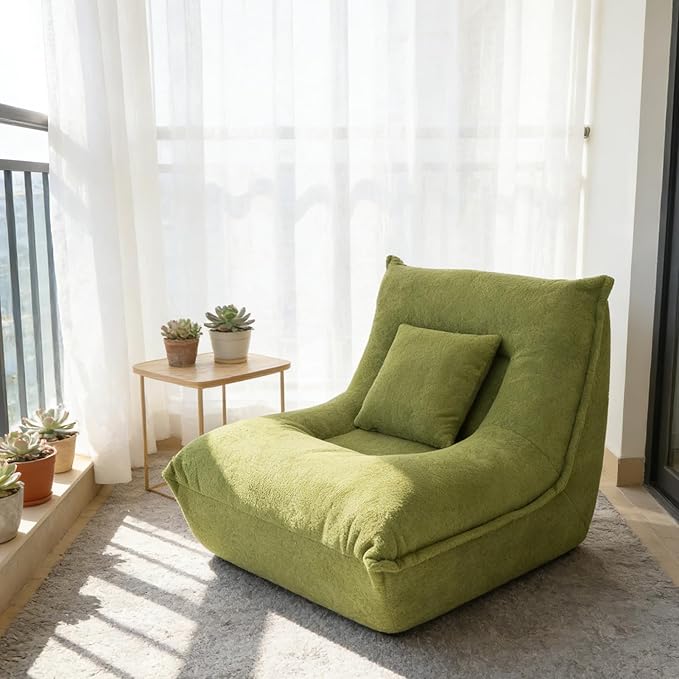 Chaise Lounge Chair - Modern Single Seater Floor Sofa with Pillow Memory Foam Filled Compressed Sofa for Bedroom Game Living Room - Comfortable Ergonomic Lounger No Assembly Needed Green
