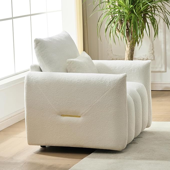 White Oversized Armchair Teddy Cloud Sofa Couch Comfy Upholstered Sherpa Couch with Pillow Modern Deep Seat Single Accent Chair for Living Room Bedroom Office Apartment (White)