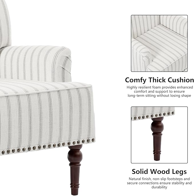 Accent Chair Mid Century Modern Comfy Armchair for Living Room Linen Fabric Single Sofa Lounge for Reading Bedroom Apartment Waiting Room with Wood Legs (Pinstripe Grey Set of 2)