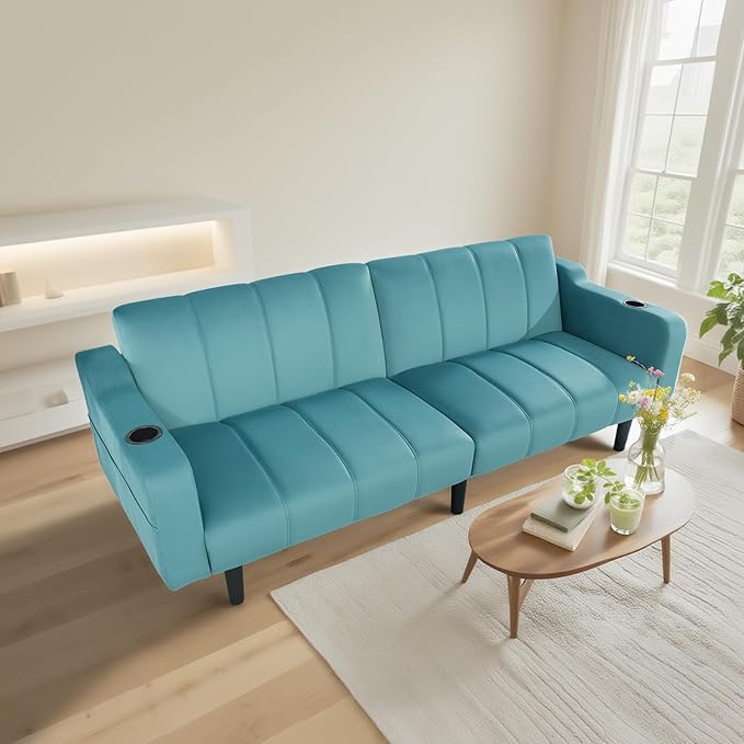 80 Velvet Futon Sofa Bed Convertible Sleeper Loveseat with Cup Holders &amp Storage Pockets Mid Century Modern Couch for Living Room Bedroom Office Small Space (Teal Blue)