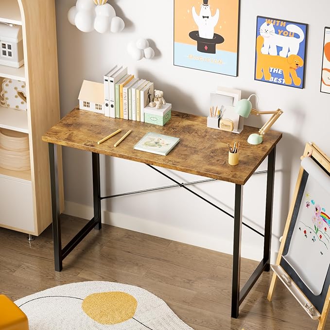 Sweetcrispy Small Computer Desk63 Inch Office Writing Work Desk with Metal Frame Wooden Tabletop Student Study Home Bedroom Table with X-Shaped Reinforcement Brown