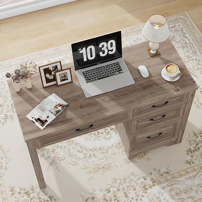 Farmhouse Executive Desk with Drawers Wood Computer Desk with Ample File Drawer Rustic Home Office Desk with Storage for Bedroom Living Room Grey