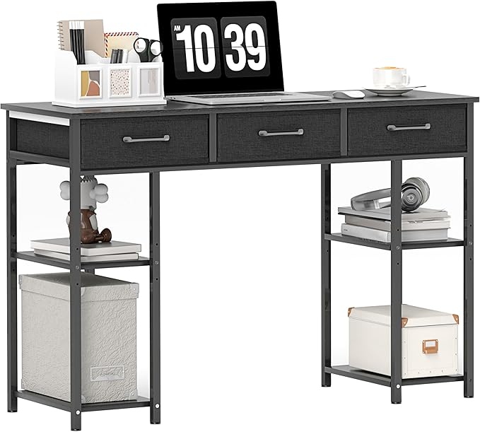 HOMCOM 47 Computer Desk with 3 Fabric Drawers Home Office Desk with Adjustable Shelves Small Writing Desk with Storage Black