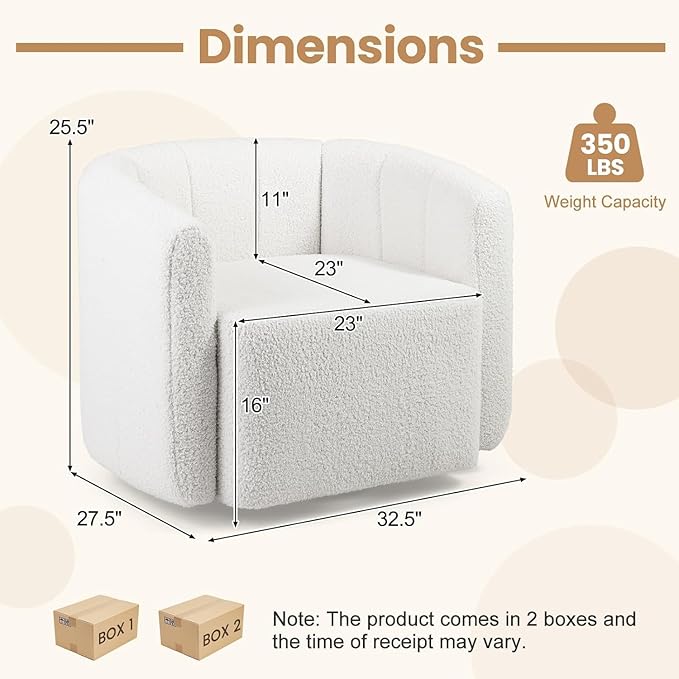 KOMFOTT Swivel Barrel Chair Sherpa Fabric Accent Chair with Curved Backrest &amp Armrests Upholstered Armchair with Wide Seat Pumpkin Shaped Single Sofa Chair for Living Room Bedroom White
