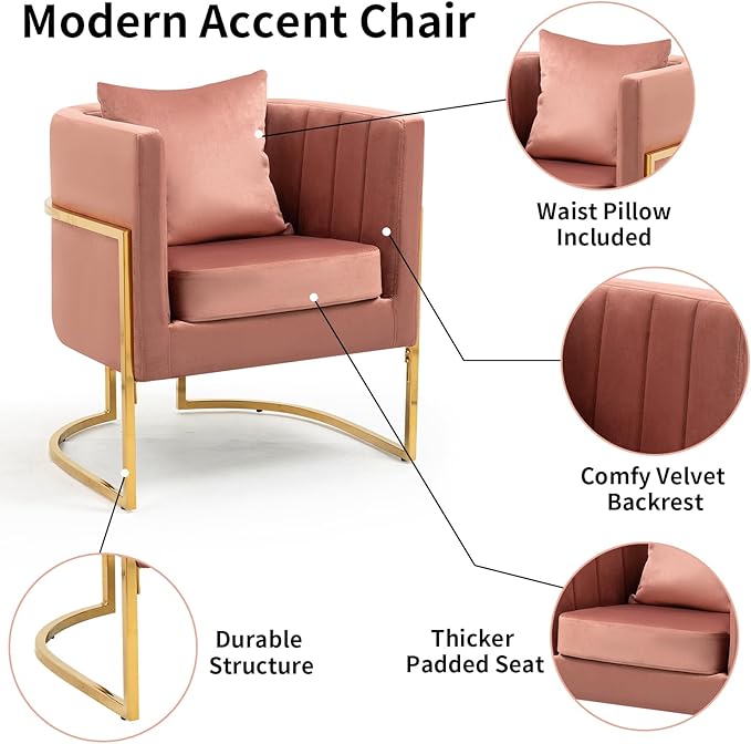 Velvet Modern Accent Chair Upholstered Barrel Armchair Mid Century with Pillow for Living Room Comfy Single Vanity Chair with Metal Gold Legs for Bedroom Pink