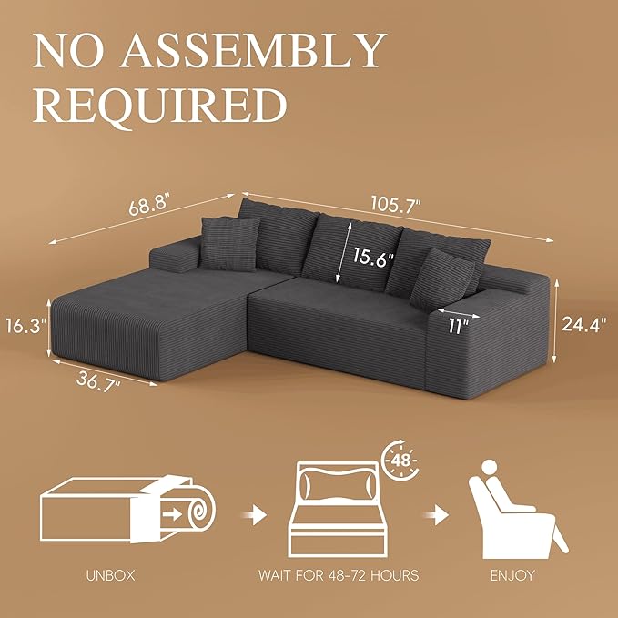 105 Convertible Sectional Couch with L-Shape Chaise Modern Modular Sofa with Deep Seat 3-Seater Comfy Cloud Couches for Living Room Bedroom No Assembly Required Dark Grey
