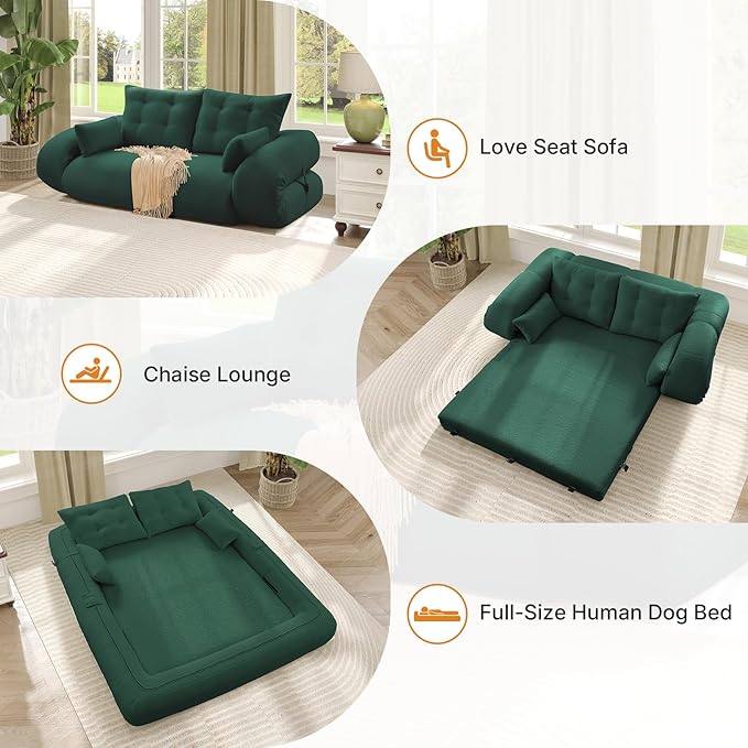 Rovibek 94 x 78 Oversized Floor Sofa with 4 Pillows 3-in-1 Convertible Sleeper Sofa Bed Compressed Couch in a Box for Living Room Apartment and Guest Roomg Green