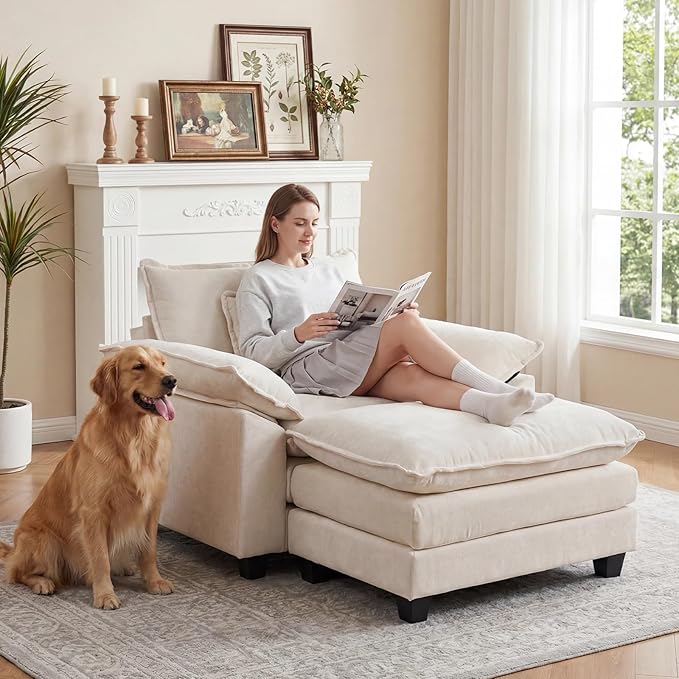 Furniliving 46‘’ Oversized Chair with Ottoman Luxury Chenille Single Sofa Upholstered Deep Seat Chaise Lounge with Pillows for Living Room Bedroom Apartment Beige