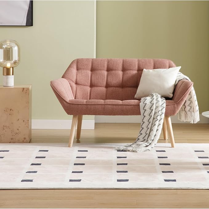 48 Small Loveseat Sofa Modern Linen Fabric Mini Sofa Couch 2-Seater Love Seat with Quilting Backs and Wood Legs for Living Room Bedroom and Small Space Pink