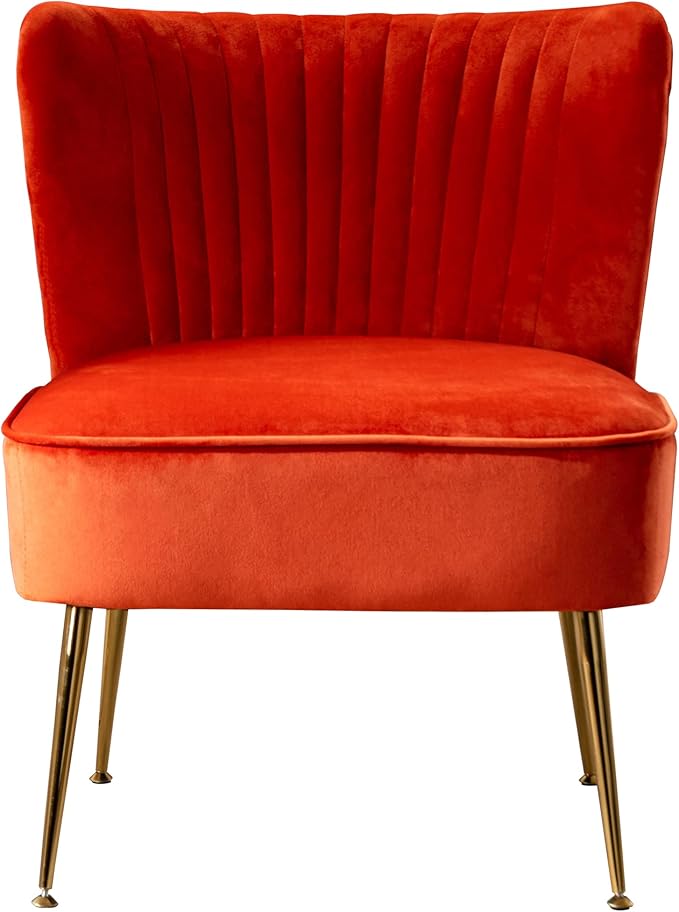 WO Home Furniture 25 Wide Tufted Velvet Accent Chair with Rust Resistant Golden Metal Legs Premium Quality Rust Resistant Seat for Your Den Living Room Bedroom Inside Area (Orange)