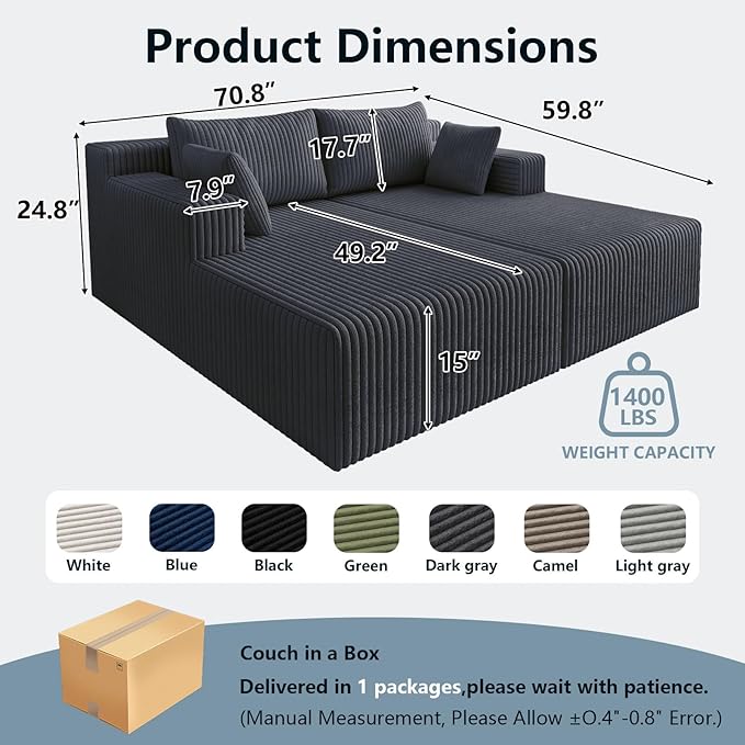 71 Oversized Chaise Lounge ChairSectional Double Lounge Chaise with PillowsUpholstered Corduroy Boneless Lounge ChairFluffy Modern Loveseat Sleeper Sofa for Living Room Bedroom(Dark Grey)