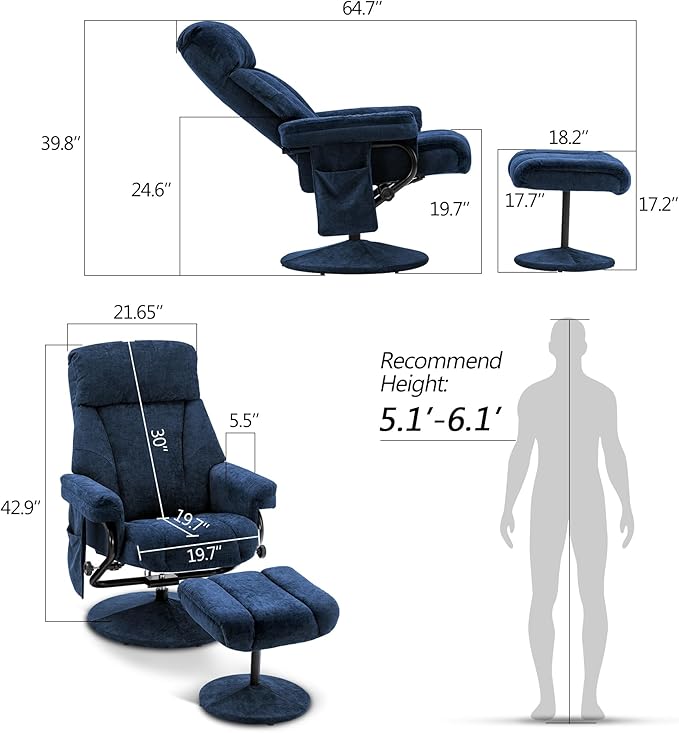 MCombo Swivel Recliner with Ottoman TV Chair with Vibration Massage Ideal for RV Small Space Living Room &amp Bedroom 4828 (Textile Blue)