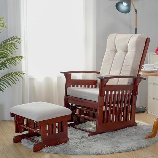Solid Wood Glider Rocking Chair and Ottoman Set Rustic Nursery Glider Rocker with Padded Cushion Smooth Rocking Motion Indoor Living Room NursingNappingReading Cream
