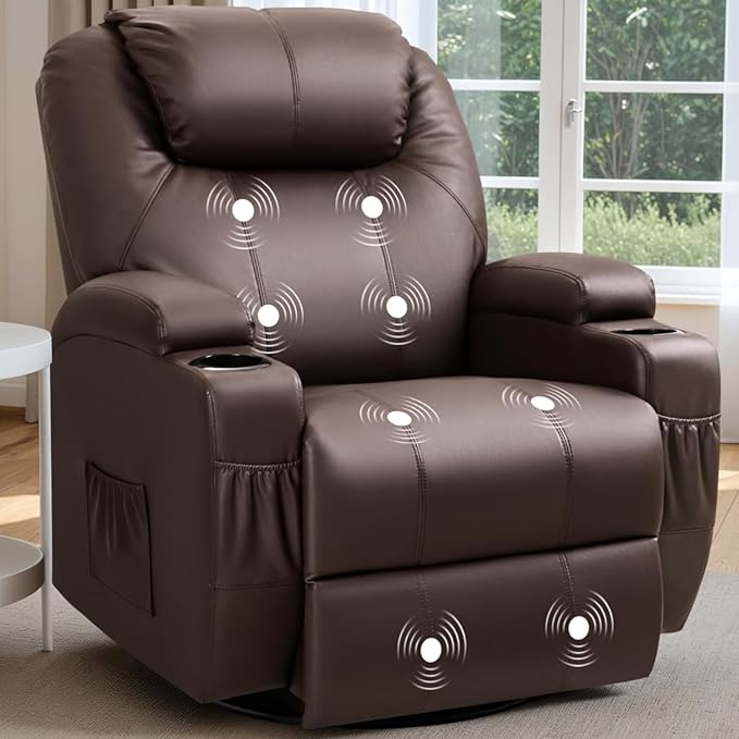 Recliner Chair 360° Swivel Rocker Chair for Adults Rocking Recliner Chair with Massage Comfy Single Sofa with Side Pockets Cup Holders for Living Room Bedroom Nursery (Leather Dark Brown)