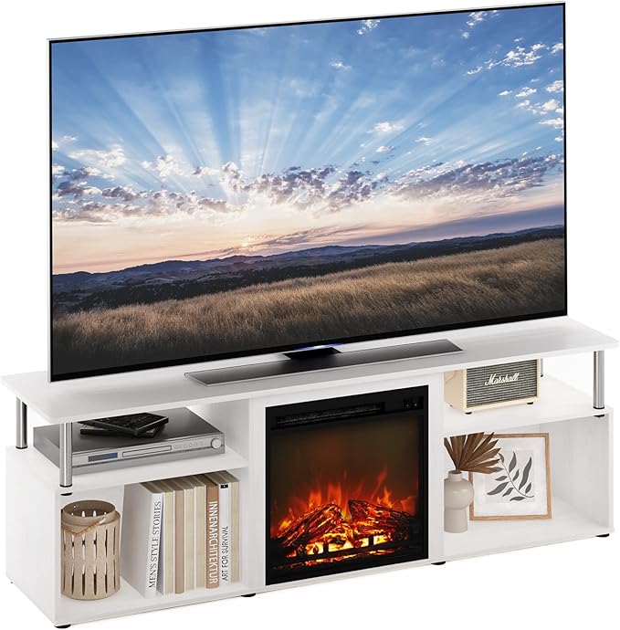 Furinno Jensen Open Storage Fireplace Entertainment Center for TV up to 70 Inch with Stainless Steel Tubes White Oak/Chrome