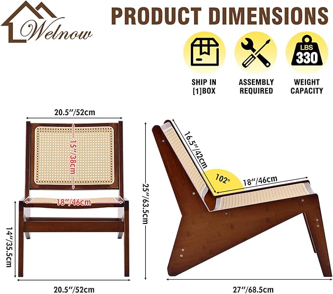 Welnow Mid Century Rattan Accent Chair Bamboo Wood Lounge Chair with Woven Cane Backrest Low Armchair for Living Room Bedroom Balcony or Reading Corner Walnut