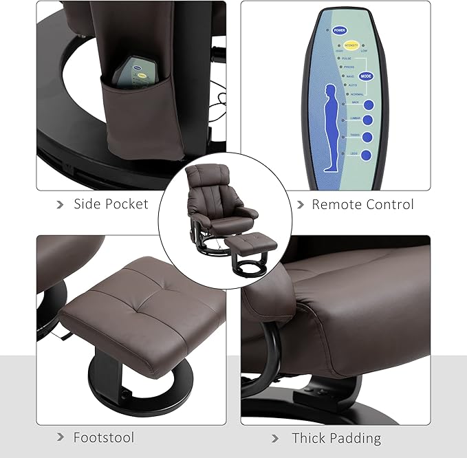 Massage Recliner Chair with Ottoman 10 Vibration Points and 360° Swivel Comfortable Faux Leather Living Room Chair with Side Pocket Brown.