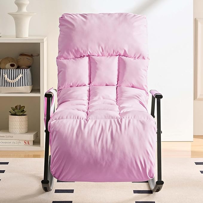 ijuicy Lazy Lsisure Rocking Chair with a Sturdy Iron FrameAdjustable Single ChairGlider Chair for Watching TV or Playing Vedio GamesLiving Room/Bedroom/Guest Room (Pink)