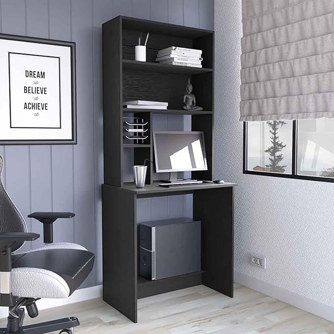 Hassyee Freestanding Home Office Desk Computer Desk with CPU Stand and 4 Open Storage Shelves for Small Space Modern Laptop Desk Writing Study Desk with Hutch for Dorm Bedroom