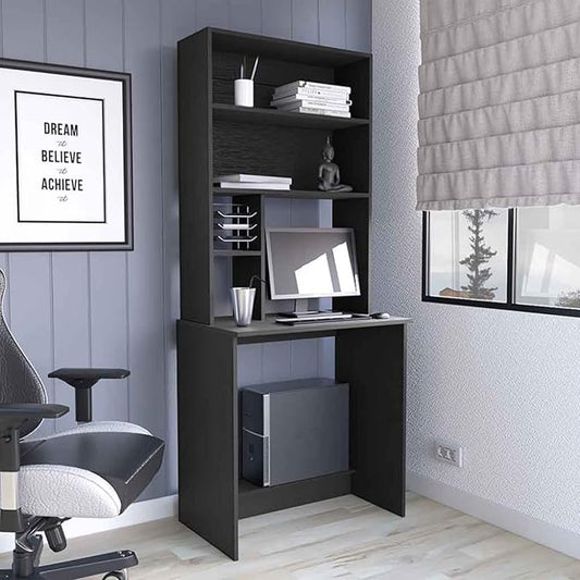 Hassyee Freestanding Home Office Desk Computer Desk with CPU Stand and 4 Open Storage Shelves for Small Space Modern Laptop Desk Writing Study Desk with Hutch for Dorm Bedroom