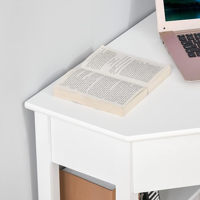 HOMCOM Corner Desk Triangle Computer Desk with Drawer and Storage Shelves for Small Spaces Home Office Workstation for Living Room or Bedroom White