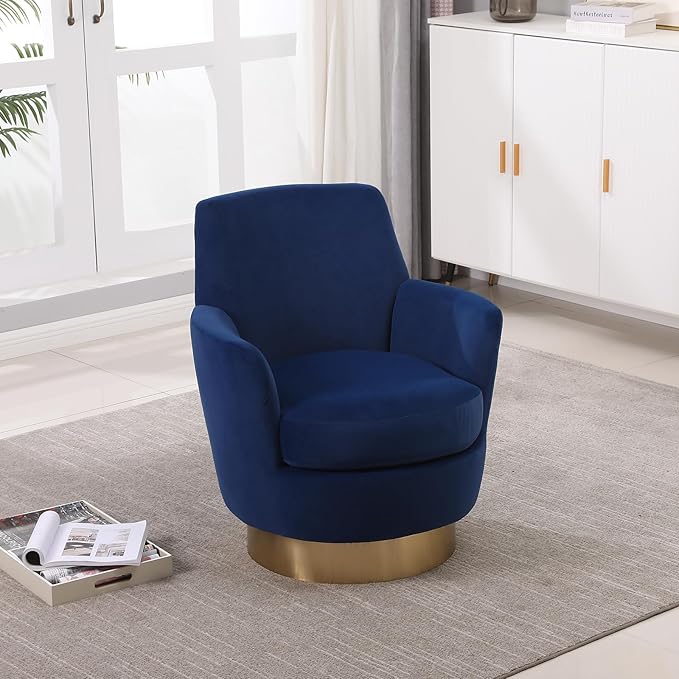 360° Swivel Barrel Accent Chair Comfy Round Accent Chairs with Gold Iron Base &amp Dual-Layer Cushion Modern Lounge Reading Armchair Upholstered Sofa Chair for Living Room Bedroom(Velvet Navy)