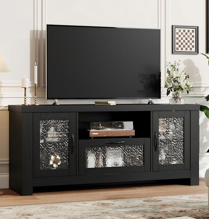 IDEALHOUSE TV Stand for 65 Inch TV Farmhouse Entertainment Center with Acrylic Door Storage Cabinet &amp Adjustable Shelves TV Console Table for Living Room Bedroom Black