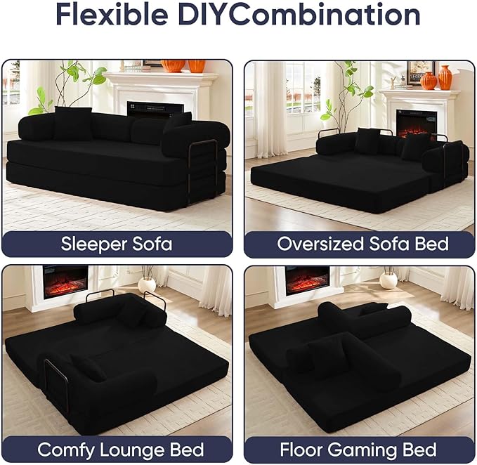 ijuicy 4-in-1 King Convertible Floor Sofa Bed w/ 2 PillowModular Sleeper Sofa/Folding Futon Couch Bed w/Cylindrical Backrest and Fixed FrameLounge CouchCorduroy Compression Sofas for Home-Black
