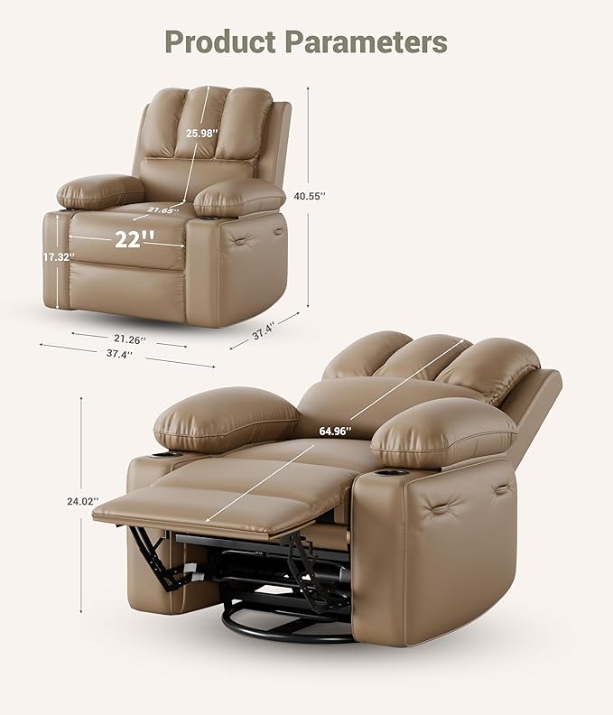 GarveeHome Oversized Recliner Chairs with Heat and Massage - 360° Swivel Lazy Recliner Chair for Adults- Manual Recliner Chair with Cup Holder for Living Rooms Bedrooms and Nurseries - Tan