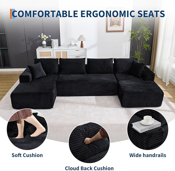 Boneless Couch U Shaped Sectional 130'' Modern Modular Cloud Couch with 2 Chaise Lounge 4-Seat Corduroy Deep Seat Sofa with Pillows for Living Room