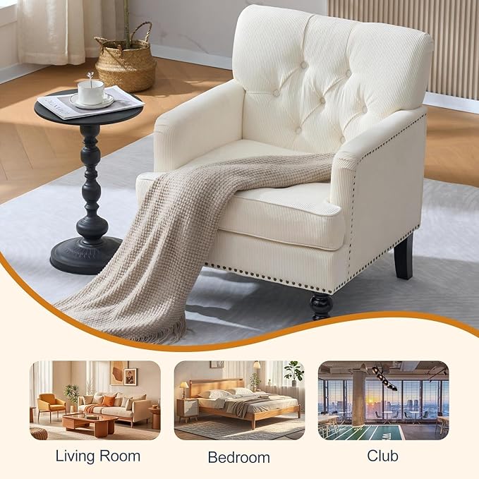 Mid Century Modern Accent Chair Upholstered Armchair for Adults with Button Linen Reading Chair with Studded and Rubber Wood Legs for Living Room Bedroom Apartment Office (Beige)