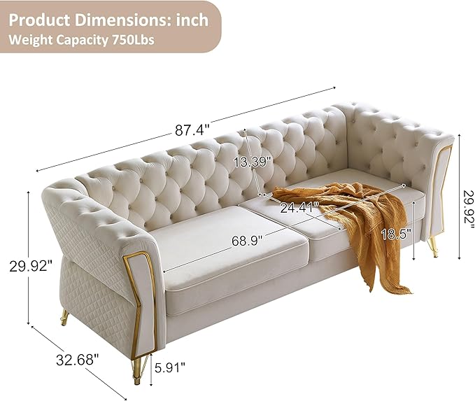 87.4 Velvet Sofa Couch Mid-Century Modern Chesterfield Loveseat Classic Button Tufted 2 Seater Couch with Golden Legs for Living Room Office Bedroom (Beige)