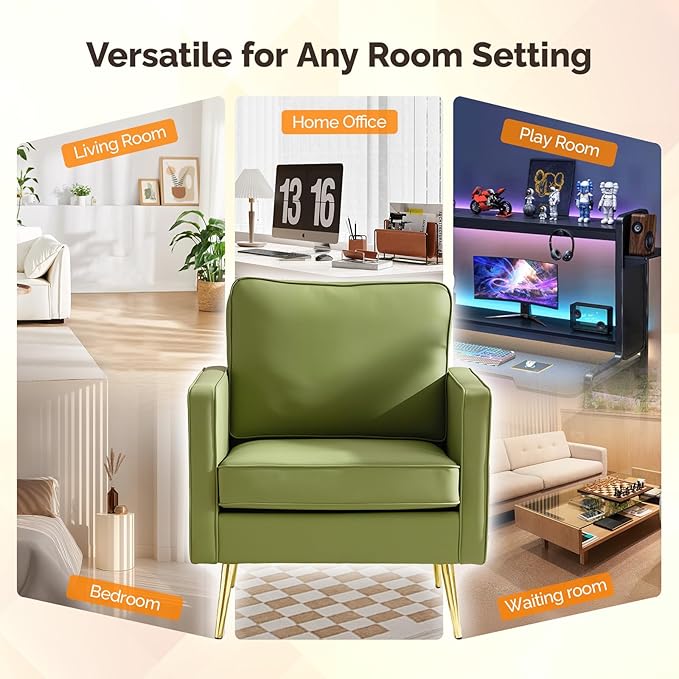 VINGLI Modern PU Leather Accent Chair Single Sofa Chair with Pocket Coil Seat Metal Backrest &amp Solid Wood Frame Upholstered Armchair for Living Room Bedroom or Office