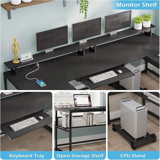 SEDETA U Shaped Desk Reversible L Shaped Home Office Desk with File Drawer &amp Power Outlet 101.5'' Computer Two Person Desk with Monitor Shelf Keyboard Tray Gaming Desk Black
