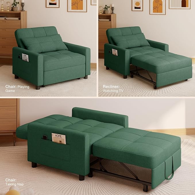Aiho Convertible Sleeper Chair with Pillow &amp Pocket 3-in-1 Sofa Bed in Modern Linen Fabric for Apartment Green