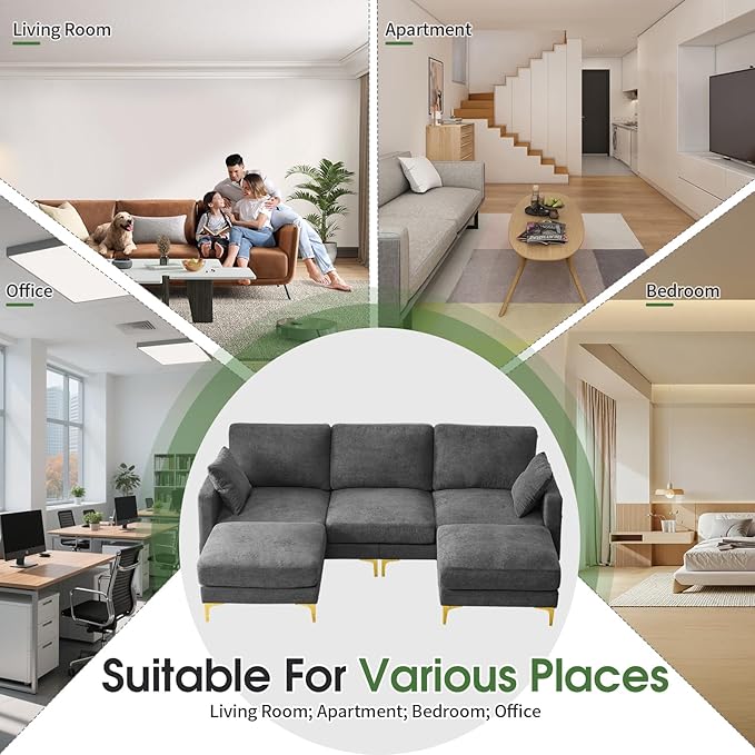 VINGLI 100 W U Shaped Couch with Ottoman 22 Deep Seat Comfortable Sectional Couches for Living Room 3 Seater Chenille Fabric Cloud Sofa for Apartment Small Spaces Bedroom Grey