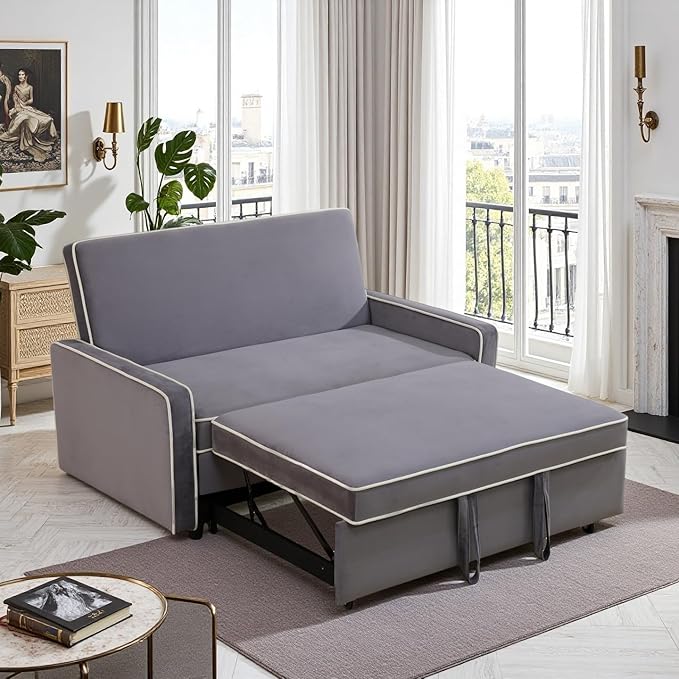 FONTOI 53 Inch Convertible Pull Out Sofa Bed Sleeper Couch with Fluffy Fabric Loveseat with Adjustable Backrest for Living Room Bedroom Apartment Light Grey