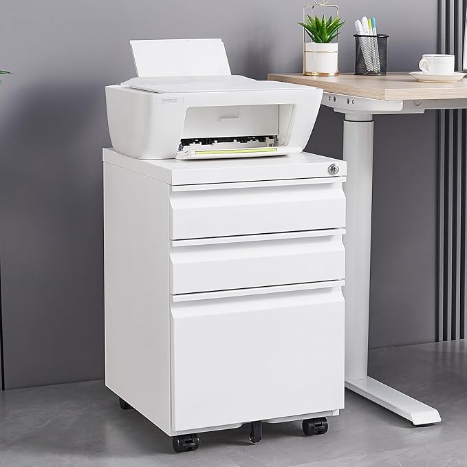 3-Drawer Mobile Filing Cabinet with Lock Legal/Letter Sized Office Storage Cabinet Metal Suitable for Offices and Study Rooms(White)