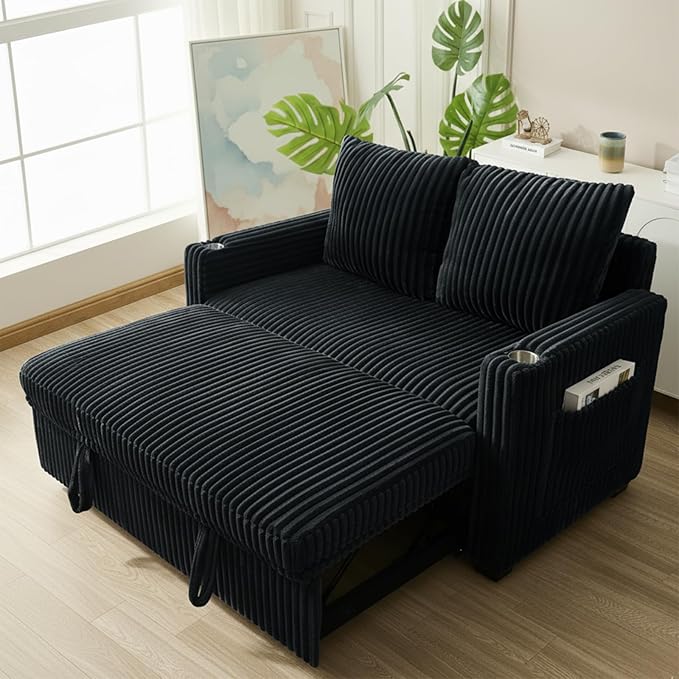 53 Corduroy Convertible Sleeper Sofa Bed with USB Port &amp Side Storage Pocket 3-in-1 Pull Out Loveseat Couch Bed with Adjustable Backrest Small Sofa for Living Room Apartment Guest Room Black