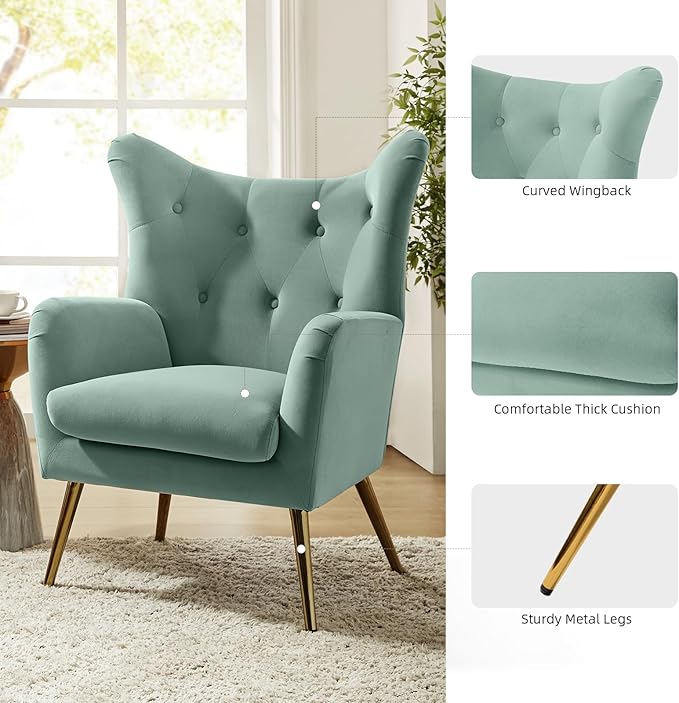 HULALA HOME Velvet Accent Chair Set of 2 Modern Wingback Arm Chair with Metal Gold Legs Velvet Tufted Upholstered Single Sofa(SAGE)