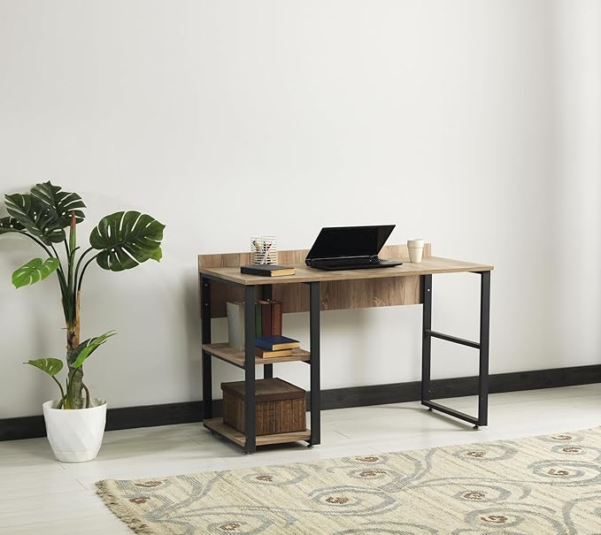 Epinki Black Metal Frame 58 Looden Top 2 Shelves Writing and Computer Desk for Home Office Oak