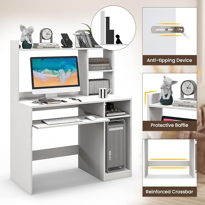 Computer Desk with Hutch and Power Outlet 43.5 x 20.5 x 54 Home Office Desks Wooden Desk with Shelves Keyboard Tray &amp CPU Stand Modern Writing Study Table Workstation (White)