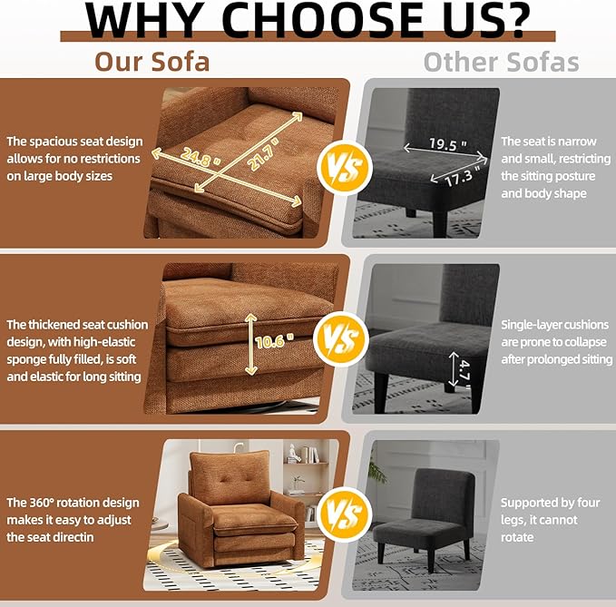 Cozy Swivel Accent Chair Modern Oversized Single Sofa with Armrest Comfy Upholstered Armchair Sofa Large Chenille Accent Chair for Living Room Bedroom Reading Room Brown