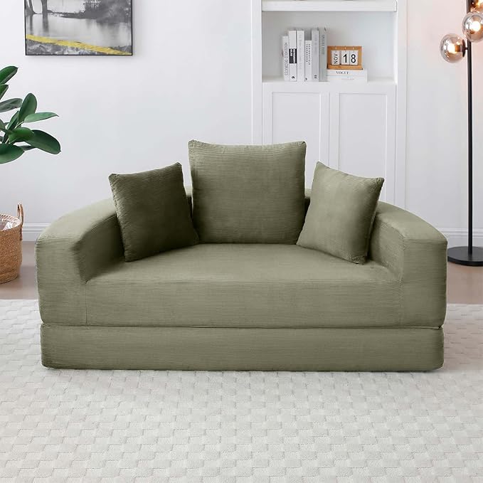 67-inch Convertible Futon Sofa Bed Round Folding Comfy Corduroy Upholstered Couch Bed with 3 Pillows Boneless Floor Lazy Loveseat Sofa for Living Room Apartment Small Spaces Pinstripe Green