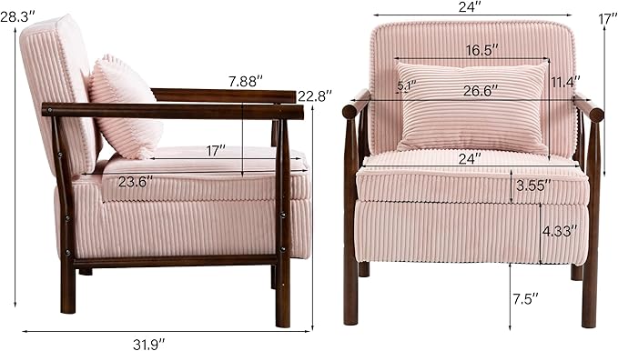 Accent Chair Comfy Modern Mid-Century Accent Chairs with Storage Corduroy Upholstered Lounge Armchair with Solid Wood Reading Side Single Sofa for Living Room/Office/Balcony/Bedroom-Pink