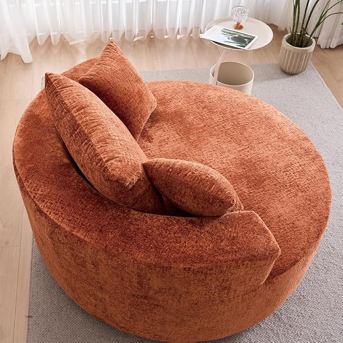 54.3″ Round Swivel Couch Plush Chenille Deep Seat Cozy Reading Chair XL Modern Oversized Swivel Accent Barrel Chair for Living Room Bedroom Lounging (Orange)