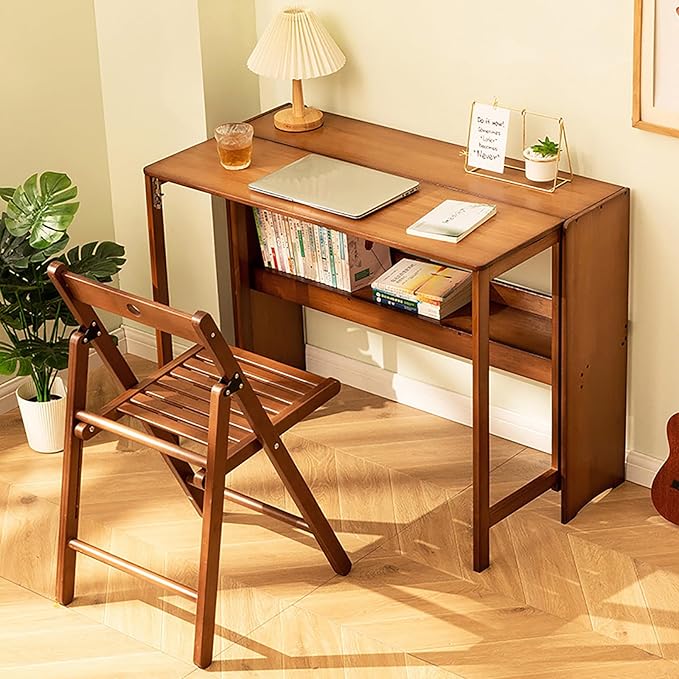 Solid Wood Folding Desk Mid Century Modern Writing Computer Desk for Home Office Study With Storage Shelf for Small Spaces (103cm/40.5 Walnut)